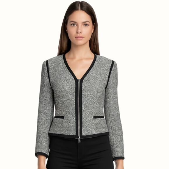 White House Black Market Contrast Tweed Zip Blazer Jacket Size 10 - Picture 1 of 7